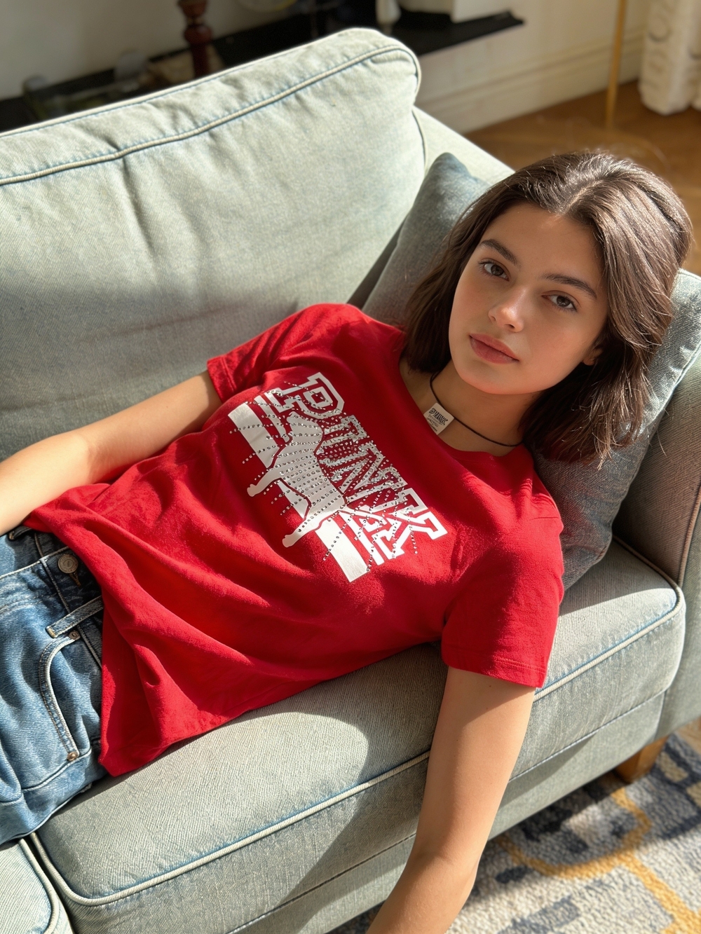 PINK Victoria's Secret Red Girls Graphic Tee with White Logo